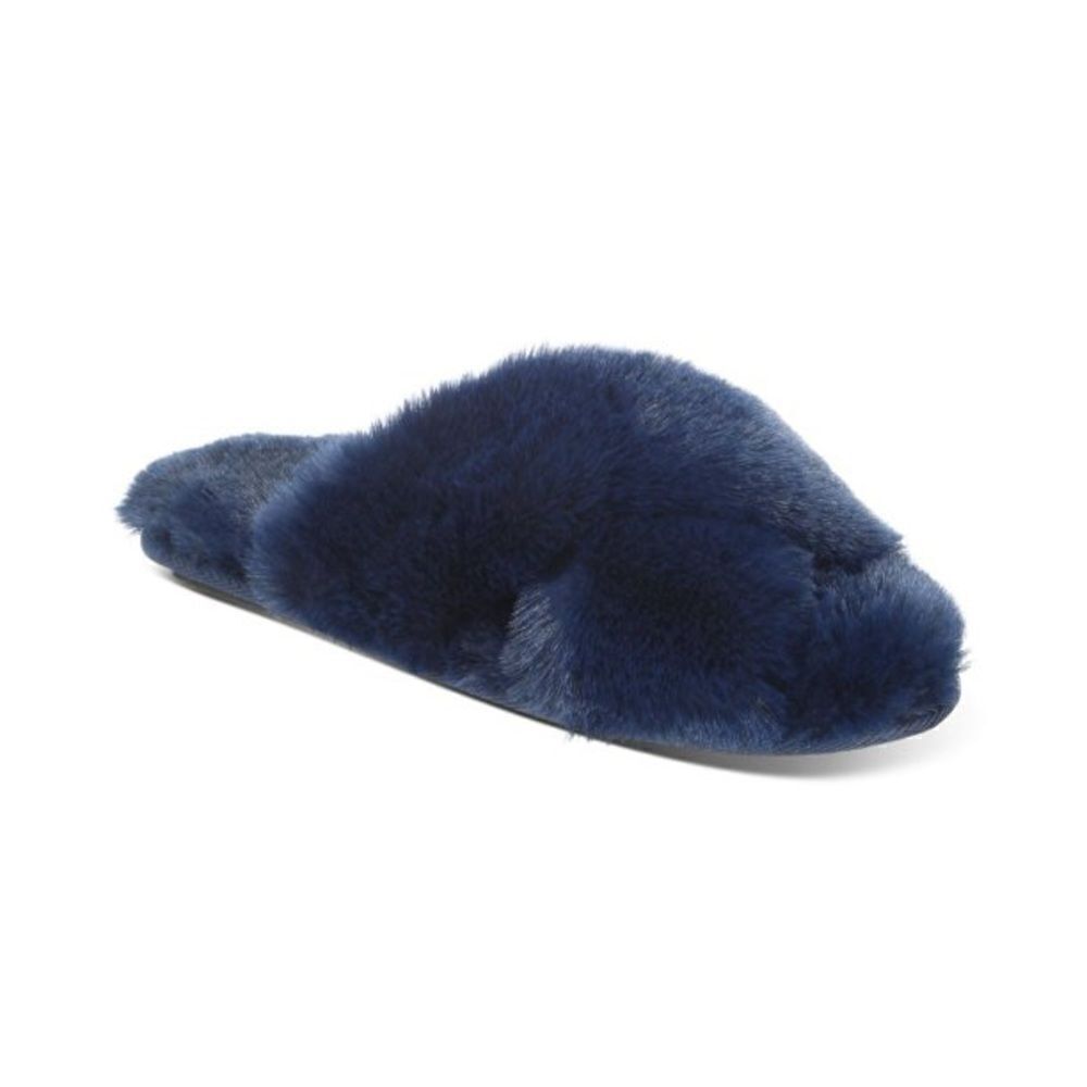 Jenni Womens Crisscross Faux Fur Slide Slippers Navy Sail Extra Large New